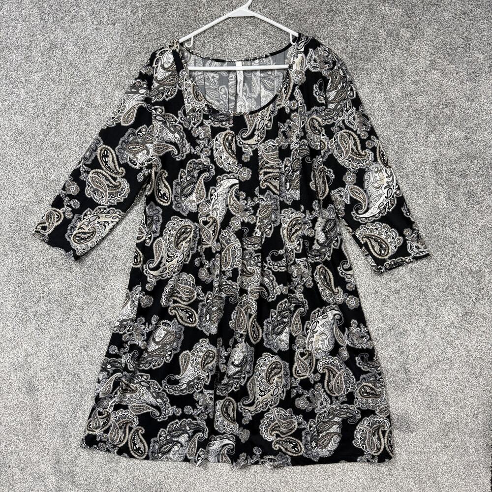 NY Collection Dress Large Black Paisley Trapeze Swing Scoop Neck 3/4 Sleeve Boho